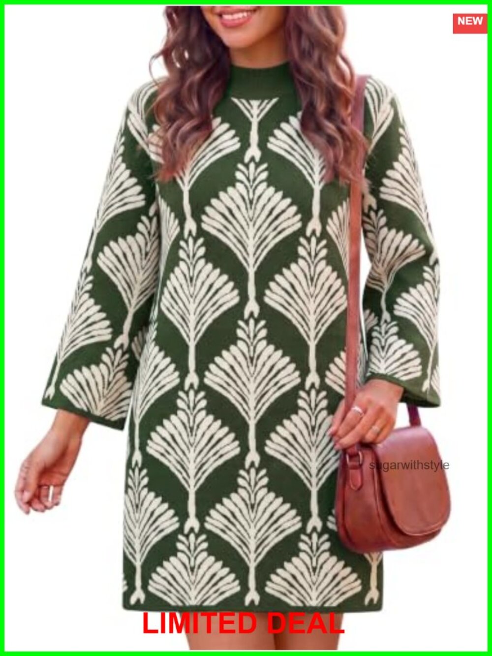 Womens Knit Sweater Dress Mock Neck Bell Sleeve Floral Mini Dress